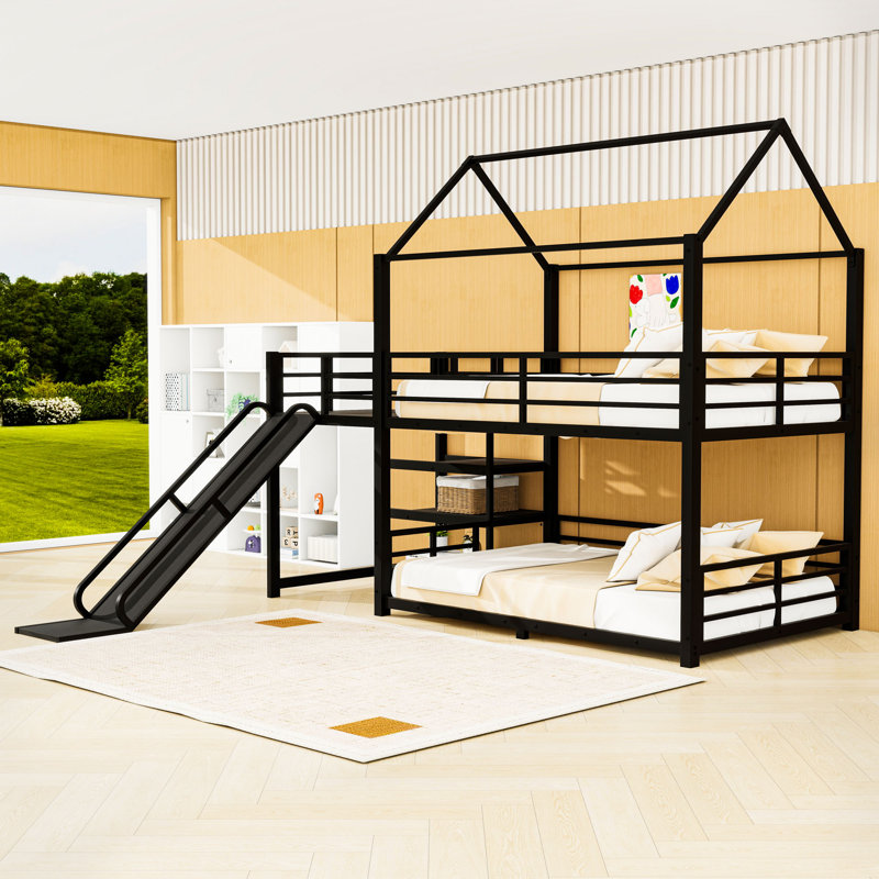 Charming House-Shaped Bunk Bed With Slide, Stairs And Built-In Storage, Full over Full