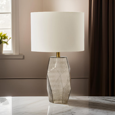 24 Inch Table Lamp, Hexagonal Textured Base, Drum Shade, Gray