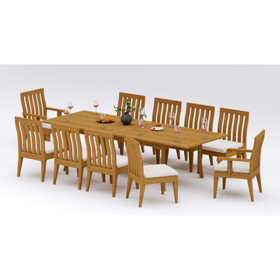 8 Seats 9 Pcs Grade-A Teak Wood Dining Set: 118" Double Extension Rectangle Table And 8 Caranas Chairs (2 Arm & 6 Armless Chairs) #11Ca2402