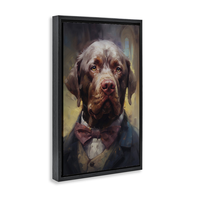 Cadre flottant «Dog in suit suit», design par Wumples, Cadre flottant noir de jais, H 25 po x l 17 po