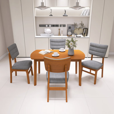 Ensemble de table de salle à manger 5 pièces pour 4 personnes, table de cuisine en bois et 4 chaises rembourrées grises avec structure en bois d'hévéa robuste, siège rembourré, dossier incurvé, ensemble de coin-repas peu encombrant pour la salle à manger, salon