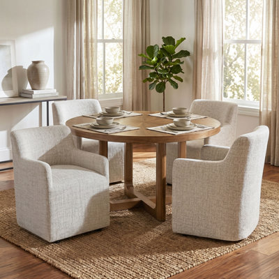 Ensemble de salle à manger rond Jennifer 5 pièces en bois massif avec motif soleil