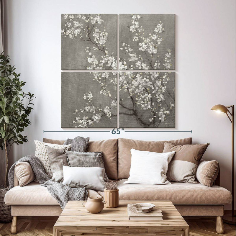 Harnek White Cherry Blossoms II On Grey, 50" H x 50" W