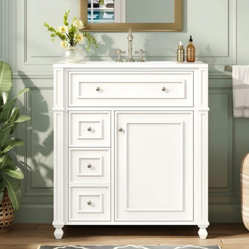 Meuble-lavabo de salle de bain avec lavabo en céramique, 30 po, armoire de rangement avec portes à fermeture en douceur et organisateur de porte