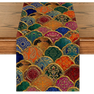 Wave Shape Peacock Feather Lotus Paisley Table Runner – 13x72 Inch Seasonal Kitchen Dining Table Decoration For Home Party Decor