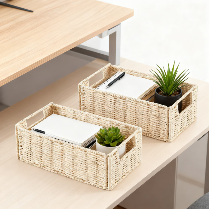 Hand-Woven Paper Rope Storage Basket Set Of 2, Collapsible Wicker Organizer Bins With Handles For Toilet Paper, Towels, And Household Essentials