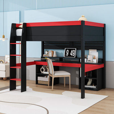 Lit mezzanine double avec lumière DEL multicolore, bureau intégré et panneau perforé peu encombrant