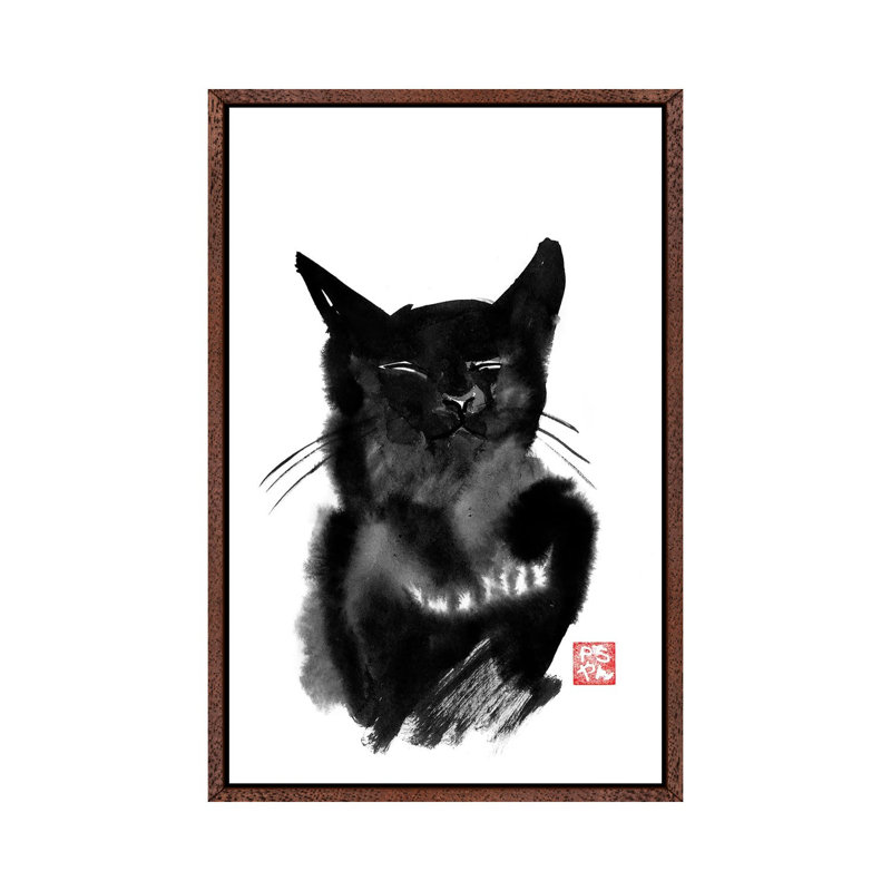 Happy Cat by Péchane - Print on Canvas, 66.04 cm H x 45.72 cm W, Classic Brown Wood Framed