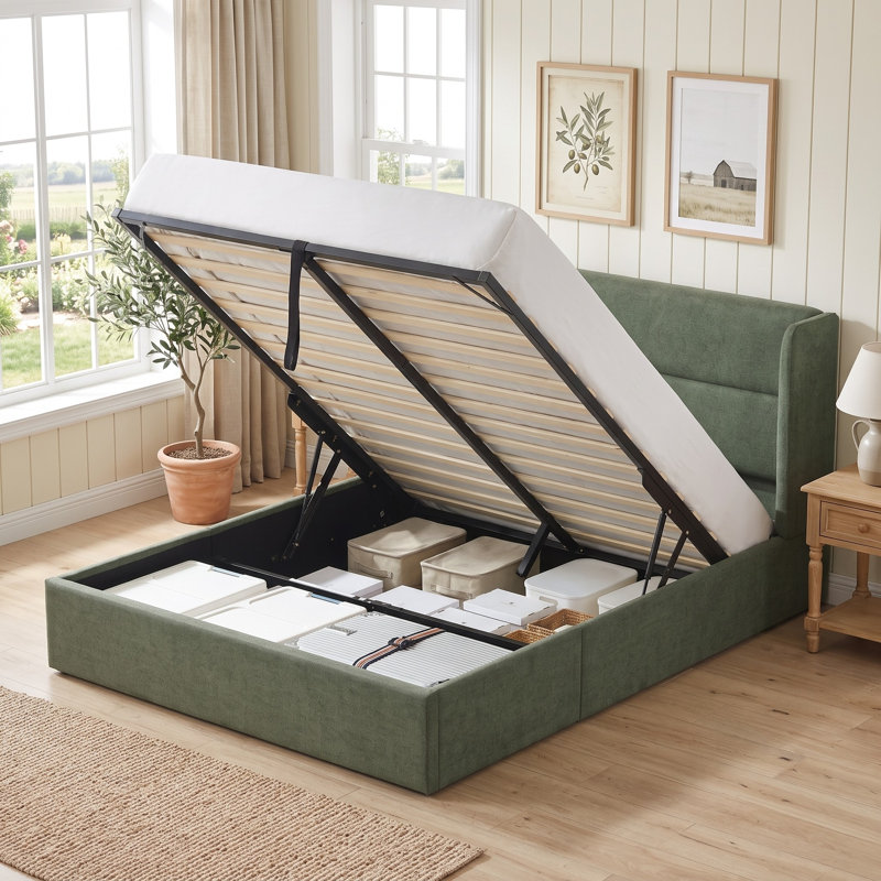 Lit plateforme tapissier avec rangement Gaillarde, Vert forêt, Grand