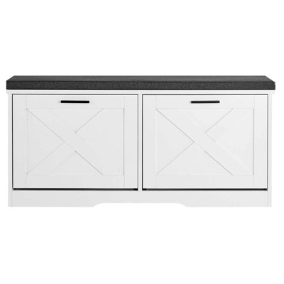 Entryway Shoe Storage Bench, 39.4 x 12.0 x 18.7 Inch Shoe Organizer with Flip Drawers, 440lbs Narrow Shoes Rack Bench with Cushion & Flip Doors, for Hallway, Living Room, Bedroom, Black + White