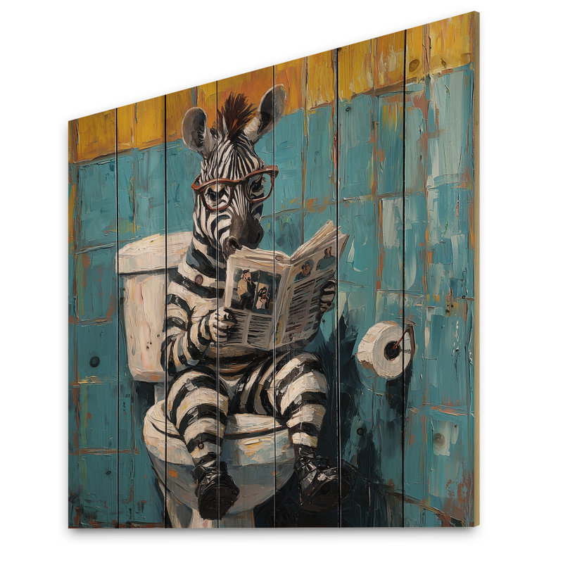Drôle de zèbre lisant un journal dans une toilette II - décoration murale animal zèbre sur bois de pin naturel