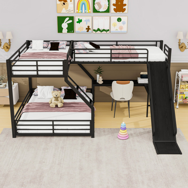 Bunk Bed With Slide, USB Ports And Guardrails, Extra Long Twin Over Queen