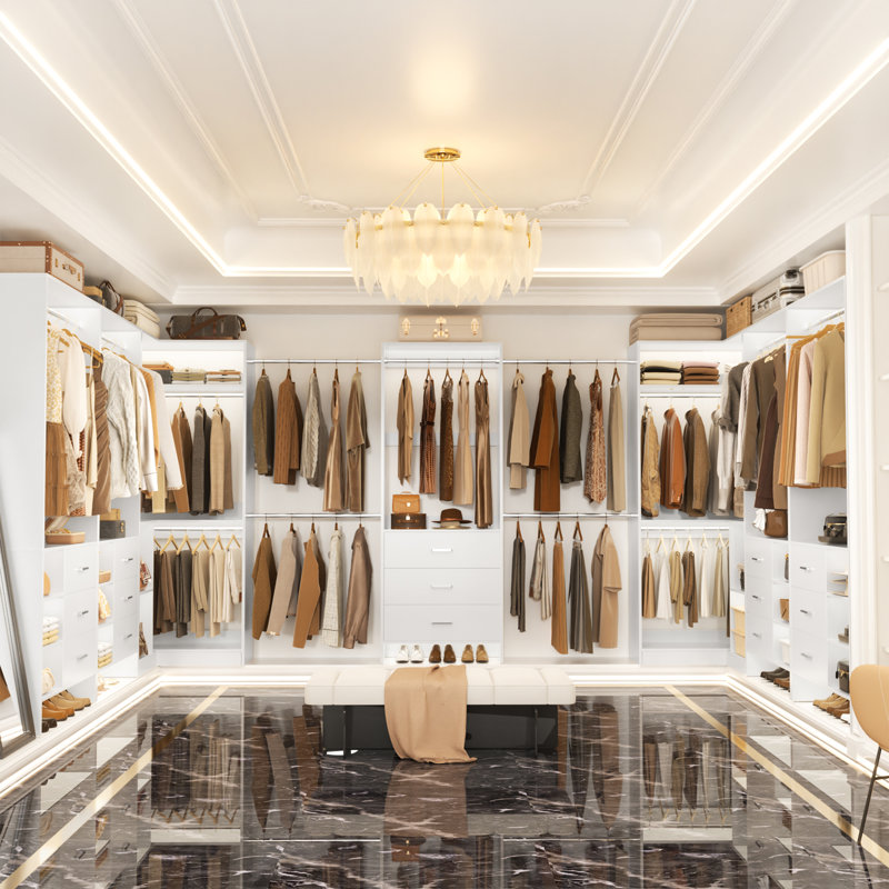 63.1‘’ - 108‘’ W Closet System with Wooden Drawers and Hanging Rods(Cut to Suit), White