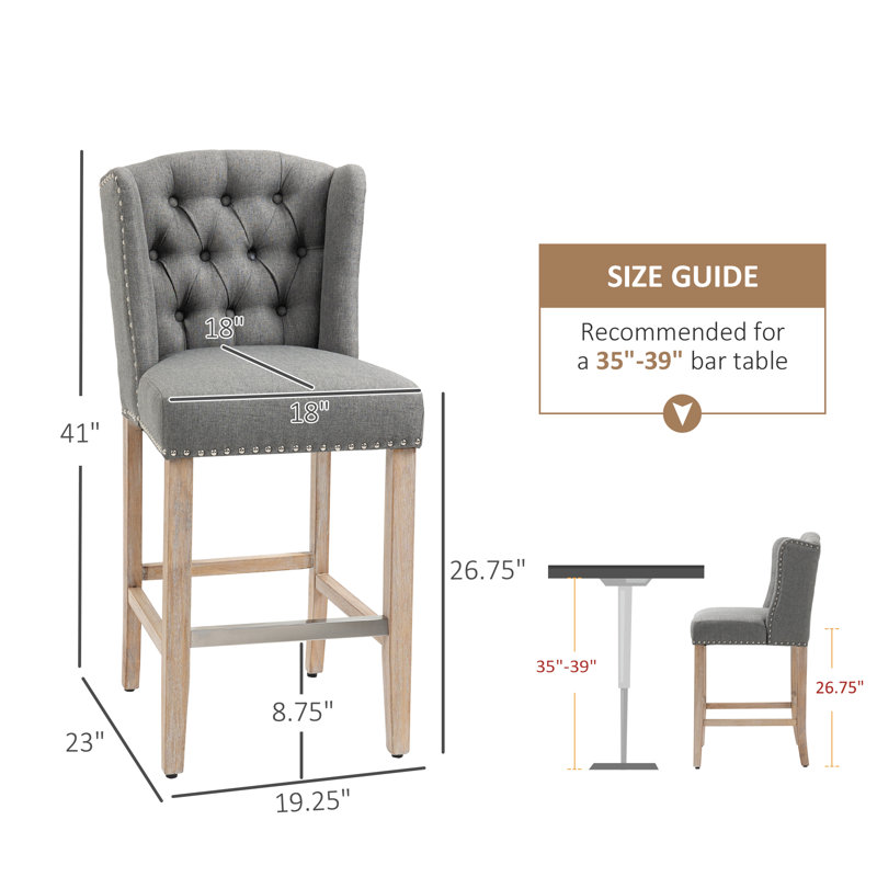 Upholstered Bar Stools with Nailhead Trim and Button Tufted Back (Set of 2), Light Gray