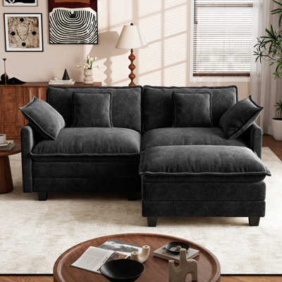 George 76.8" Modern 3 Seat Chenille L Shaped Modular Sectional Sofa With Ottoman