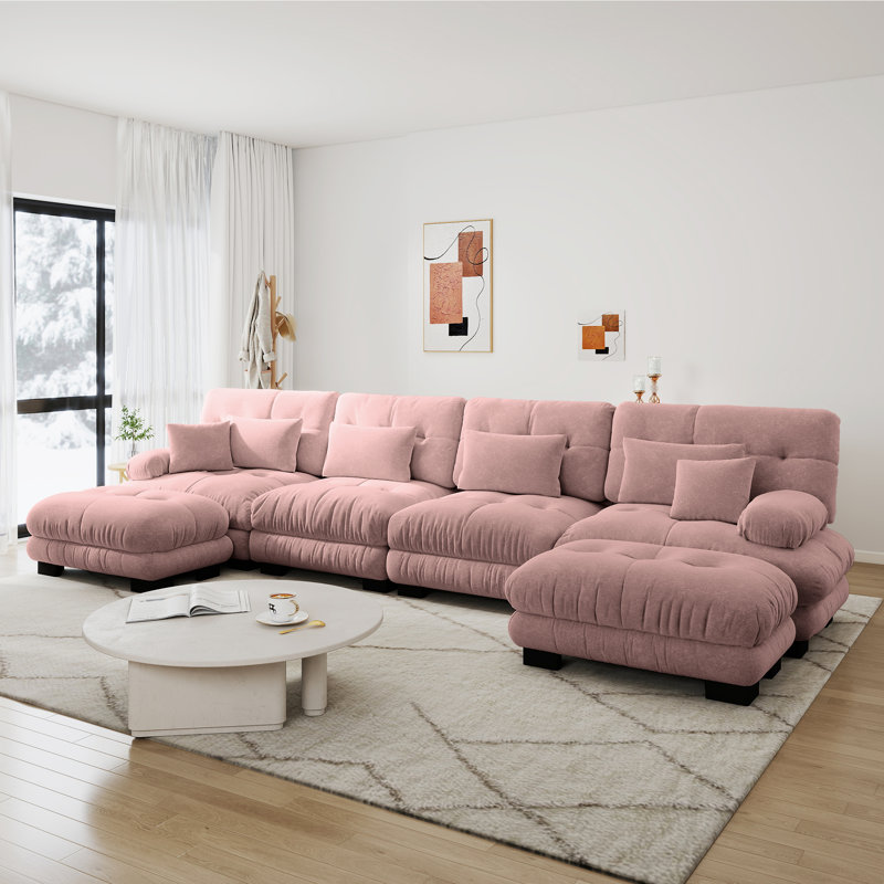 Canapé modulaire modulaire Cloud, 4 places avec 2 sièges Ottomam Chenille, siège profond et coussin pour le salon, Rose