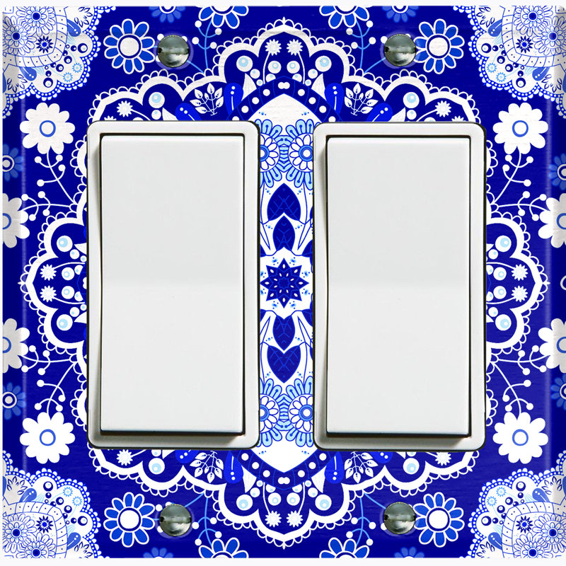 Metal Light Switch Plate Outlet Cover (Blue Mandala Flowers Tile   - Single Toggle)