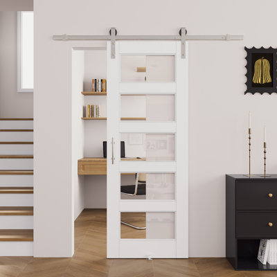 White Primed 5-Lite Clear Glass Sliding Barn Door With Installation Hardware Kit/No Assembly Required