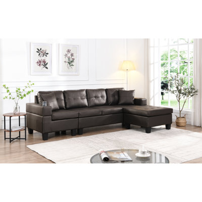 Modulaire de salon moderne avec méridienne et porte-gobelet, 4 sièges brun et 4 sièges
