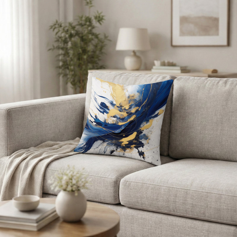 Coussin décoratif bleu foncé et doré Strokes V - coussin imprimé Fractals, H 16 po x l 16 po