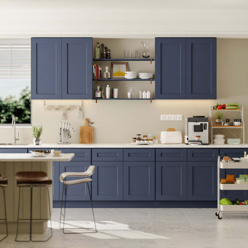 Armoire murale en bois massif de style Shaker avec charnières à fermeture douce, Bleu, H 30 po x l 30 po x P 13,07 po