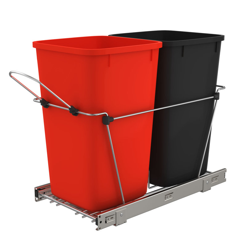 Double Sliding Pull-Out Waste Bin Containers, Red/Black, 19.25" H x 11.81" W x 22.25" D, 6.75