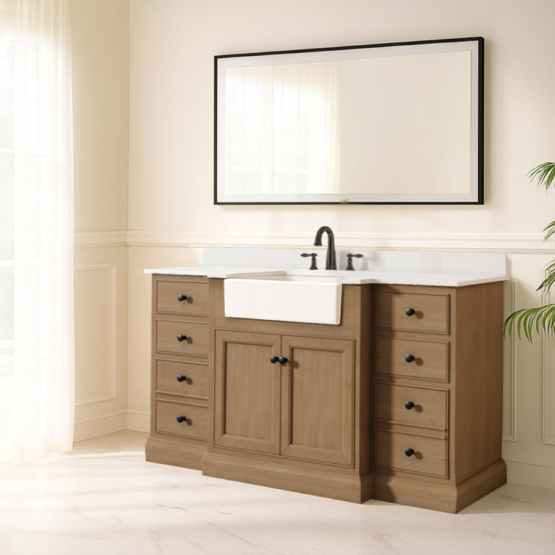 Maxbano Farmhouse 60" Single Bathroom Vanity With White Rectangular Sink, White Engineered Stone