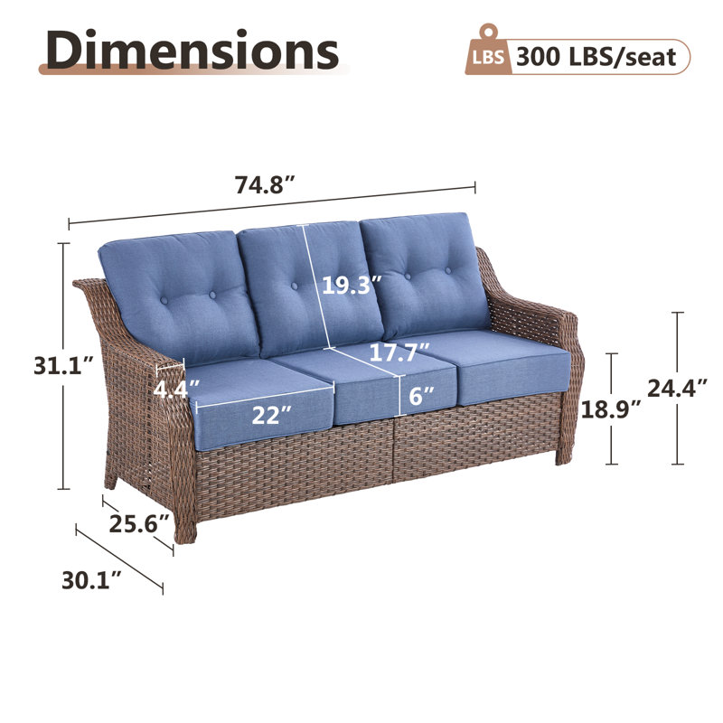 Canapé d'extérieur en rotin d'osier de 75 po avec coussins de 6 po Acton Acton, Bleu