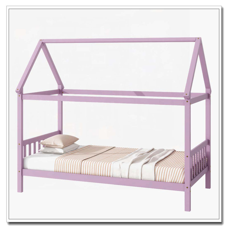 Lit en bois d'hévéa avec tête et pied de lit, Rose