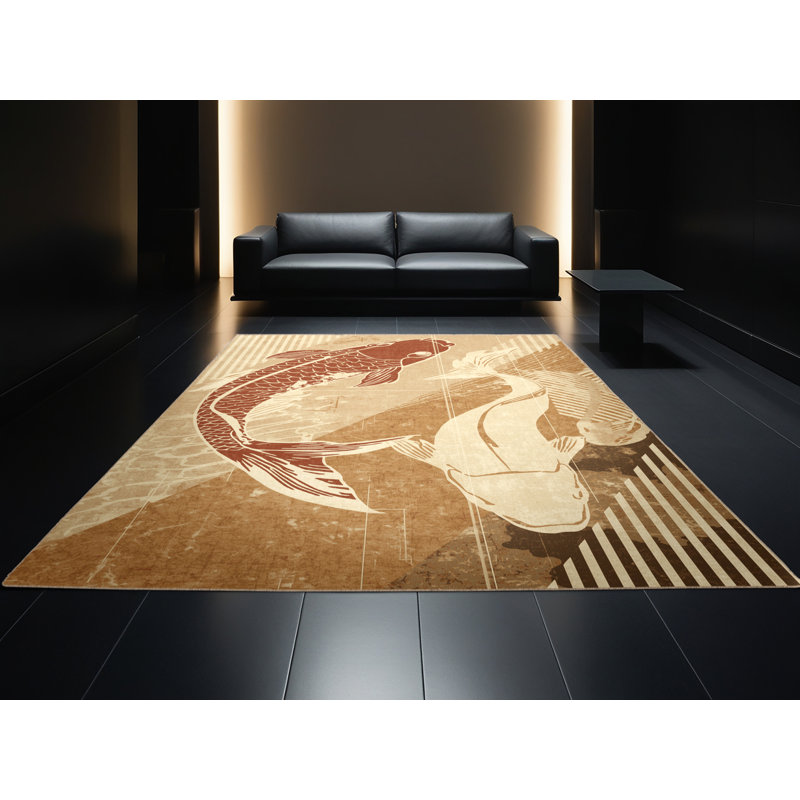 Tapis éclectique brun et beige Koi Katana lavable à la machine, 6 x 9