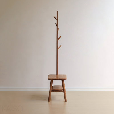 Natural Solid Wood Shoe Stool With Cloth Hanger And Storage for Entryway Living Room - Natural