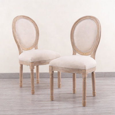 Set Of 2 French Style Solid Wood Frame Linen Fabric Oval Back Dining Chair,