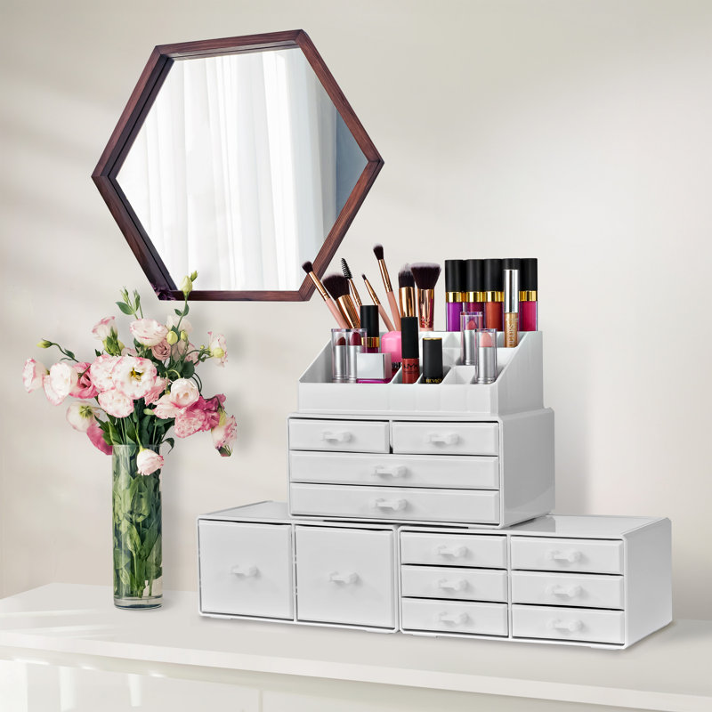  Organisateur de maquillage avec rouge à lèvres, porte-pinceaux, grand 12 tiroirs, Blanc