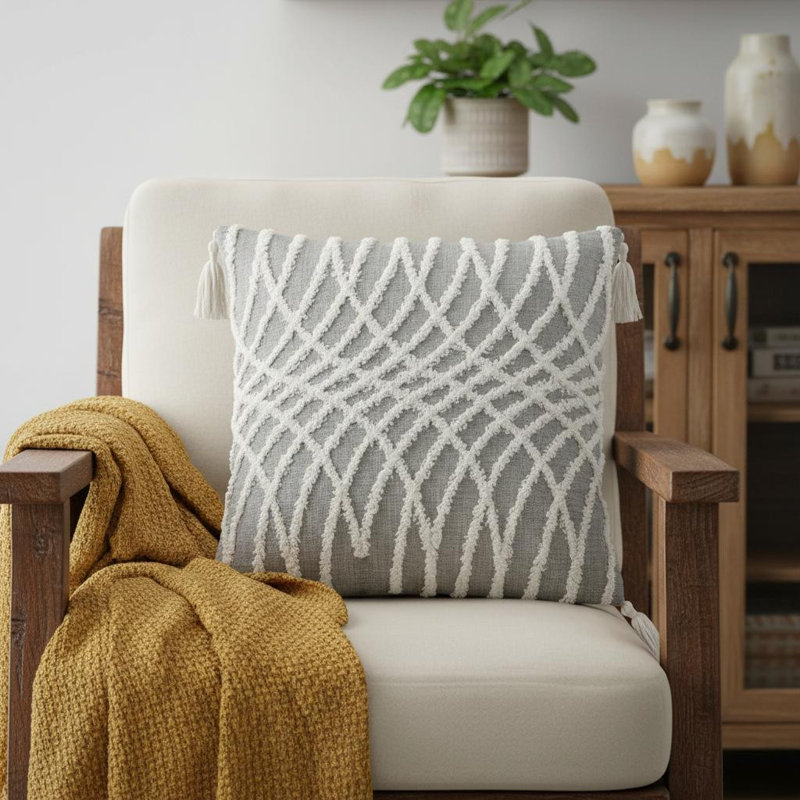 Housse et insert de coussin décoratif carré en similicuir, Gris / blanc