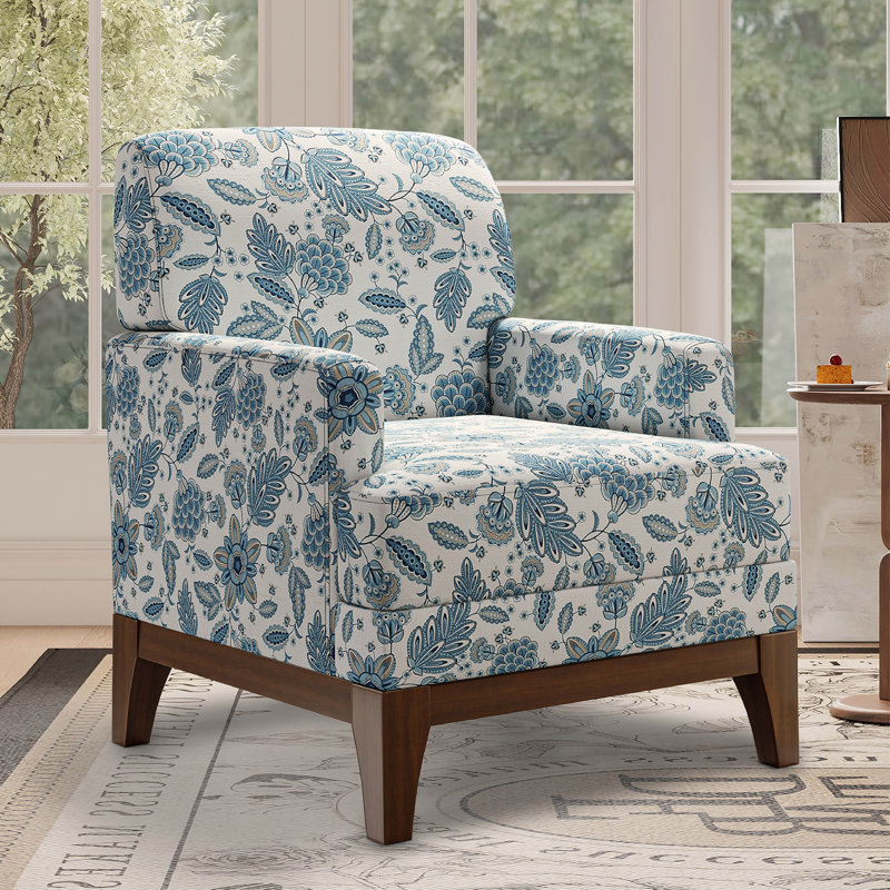 Traditional Floral Upholstered Armchair with Solid Wood Legs, Blue, 1