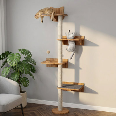 Wall Mounted Cat Tree, 63in Tall Sisal Scratching Post, Cat Shelves Perch, 2 Non-Slip Carpets, Wood Track Toy Ball, Cat Wall Climbing Tower for Medium & Large Kittens