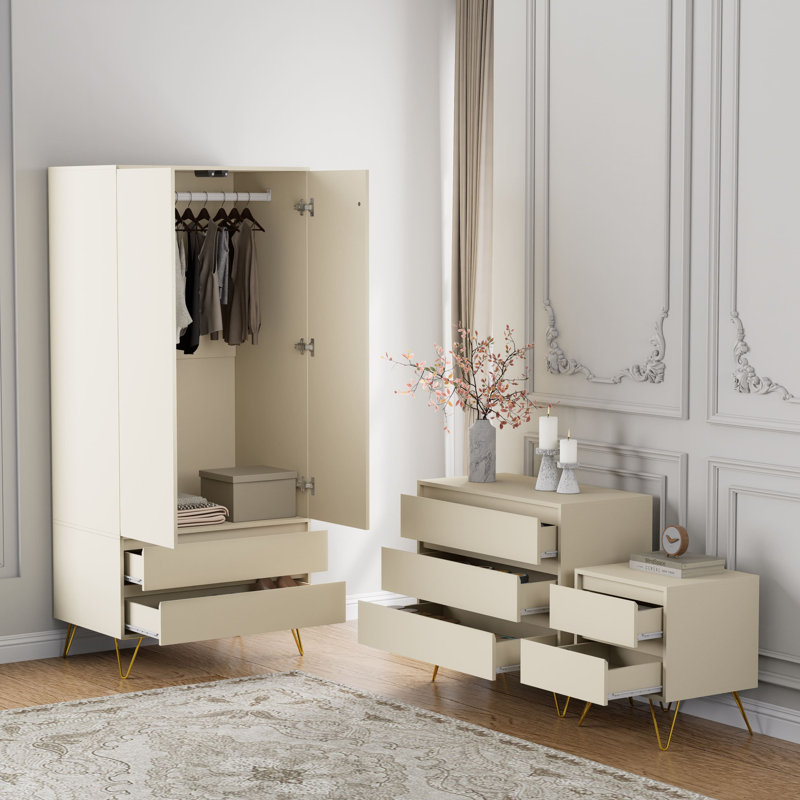 3 Piece 2 Door Wardrobe Set Ws225a, Cream