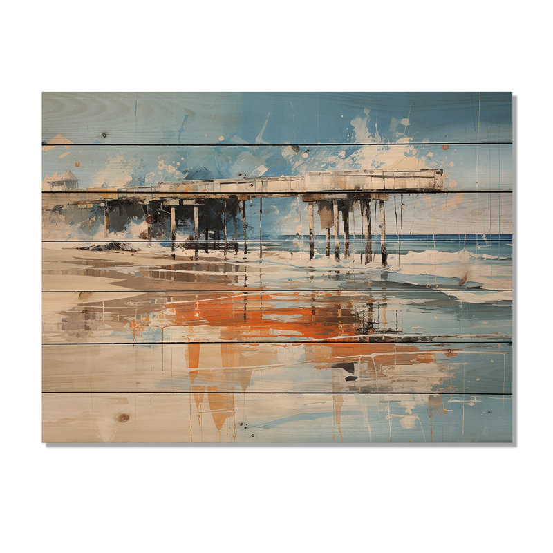 Modern Watercolor Pier Horizon I - Coastal Pier Wood Wall Art On Natural Pine Wood, 10" H x 20" W