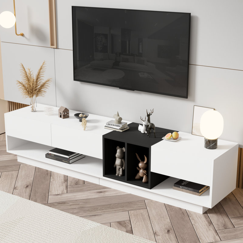 Sleek Tv Console With Hidden Compartments: For 80" Tvs, Black Finish Stylish Media Compartment For Privacy: Fits Up To, White