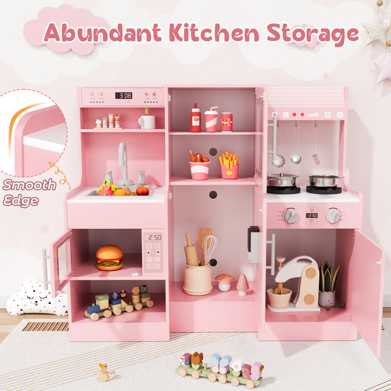 Wooden Play Kitchen For Kids, Toy Kitchen Sets With 6-piece Kitchenware, Sink & Stove, Water Dispenser & Hood With Lights & Sounds - Ages 3+(pink)