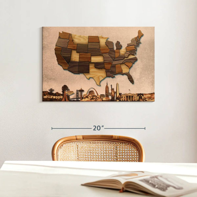 Carte des États-Unis en bois sculpté sur toile, H 16 po x l 24 po x P 1,25 po