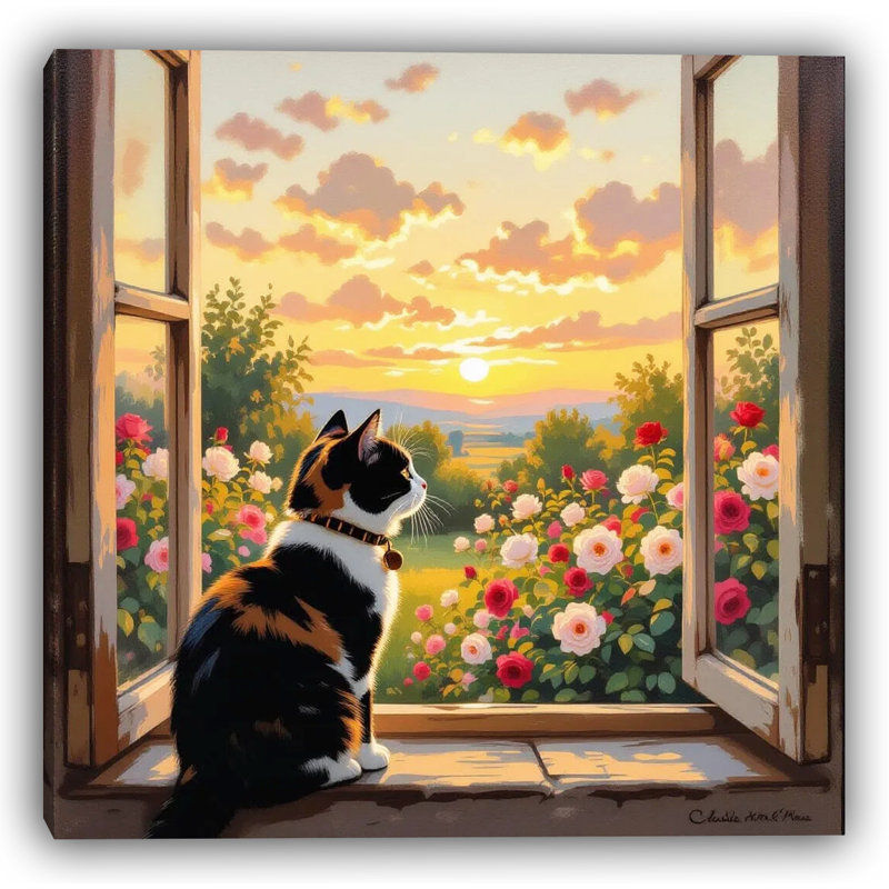 «Window to Spring: Calico Cat and Rose Garden», toile tendue, H 40 po x l 40 po