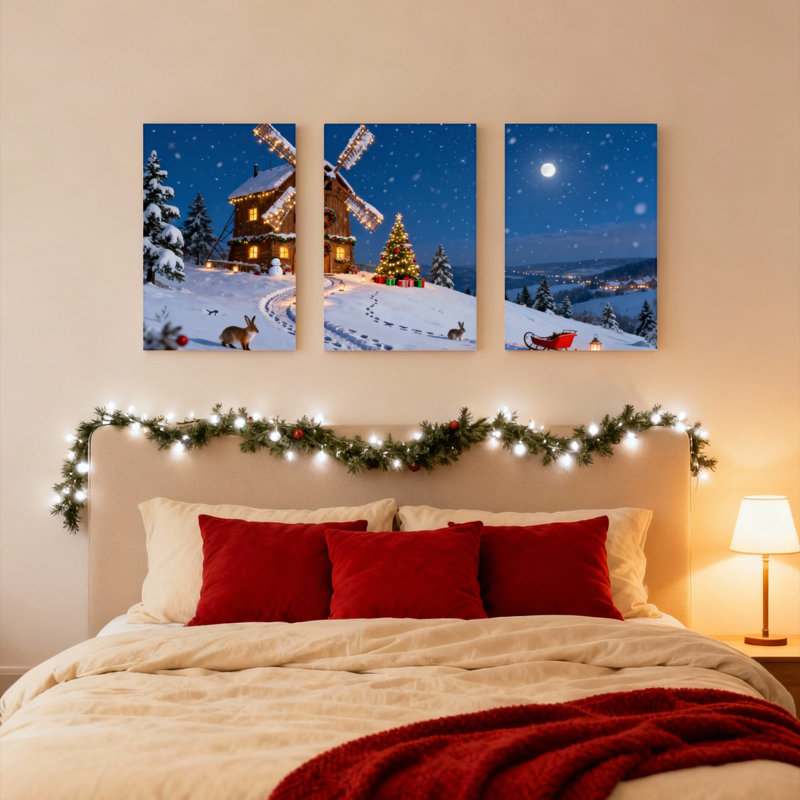 Christmas Windmill And Tree Canvas Wrapped Wall Art Oil Painting Print Set Of 3, 18" H x 36" W