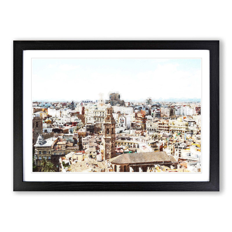 The Valencia Skyline in Spain - Picture Frame Painting Print on MDF, Black Framed, 48cm H x 65cm W x 2cm D
