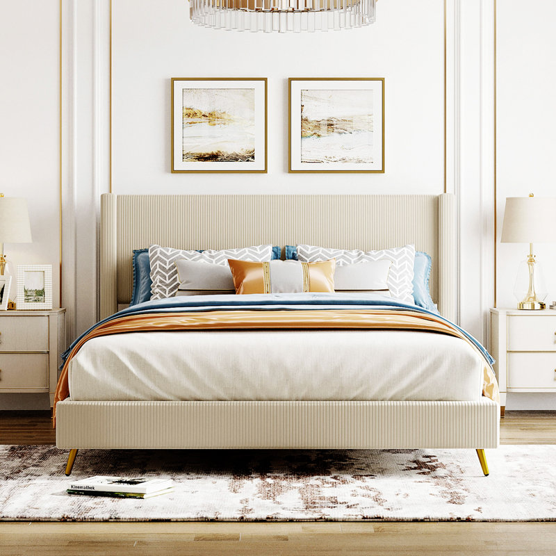 Lit plateforme en velours côtelé avec pieds en métal, Beige