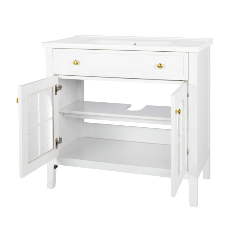 35.6" Mid-Century Bathroom Vanity Sink with Patterned Glass and Motion-sensor Light Strip