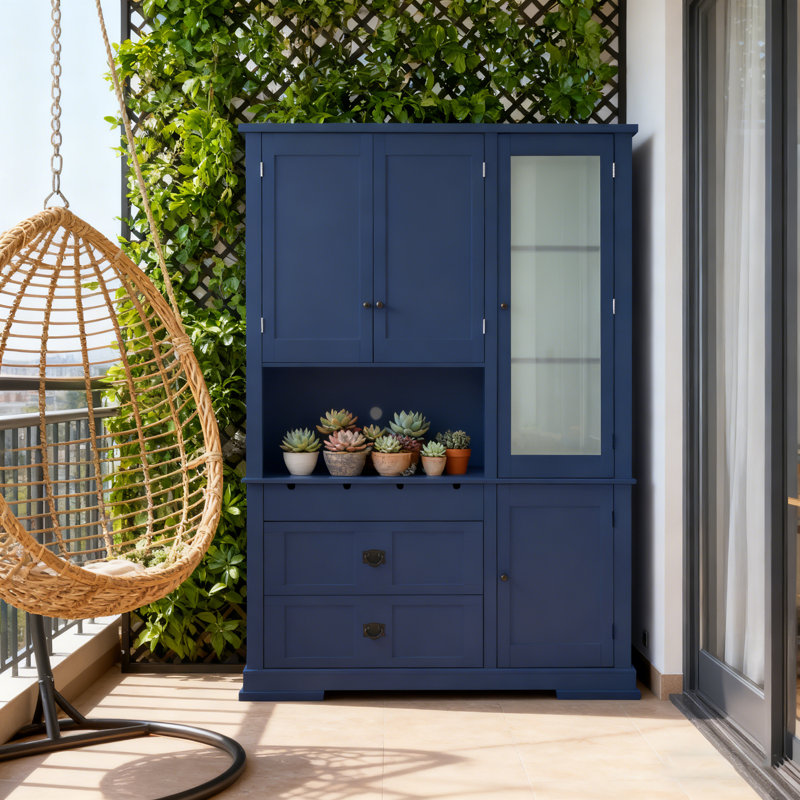 Topmax Traditional 63.3X17.8.X78.3Inch Freestanding Buffet With Hutch, Large Kitchen Pantry Storage Cabinet Cupboard With Drawers,Door Shelf And Adjustable Shelves, Blue