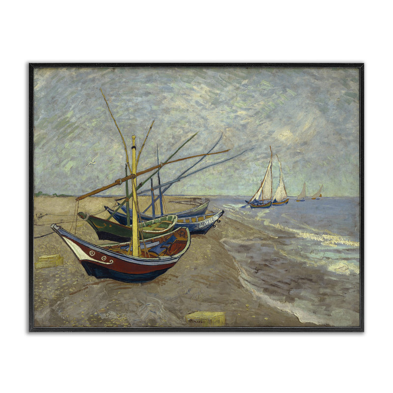 Art classique de bateaux de pêche classiques sur la plage par one1000paintings, Giclée encadrée noir minuit