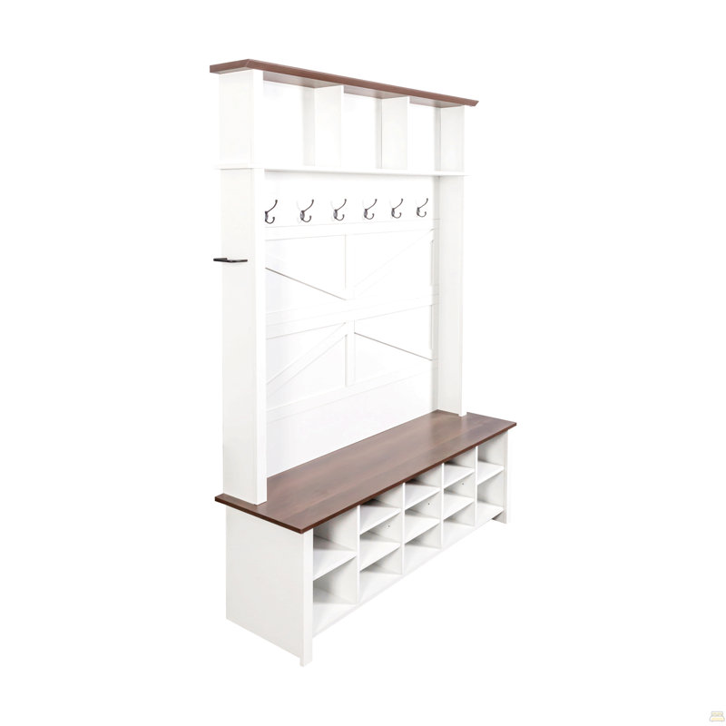 Farmhouse 4-in-1 Hall Tree with 6 Hooks, Walnut Entryway Bench with Shelves,  Wooden Style Rustic Shoe Organizer with 16 Open Compartments
