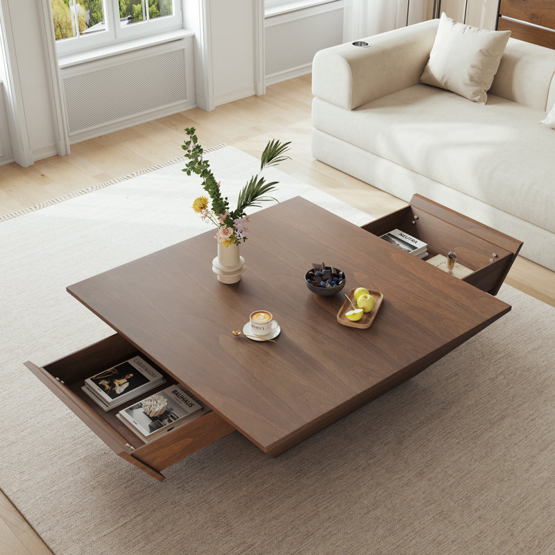 39.4'' Square Coffee Table, Trapezoid Coffee Table, Fully-Assembled, Walnut Wood Coffee Table  Modern Coffee Table With 2 Storage Drawers